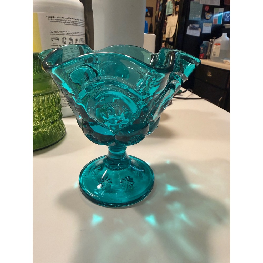 Vintage LE Smith Moon and Star Teal Blue Glass Ruffled Pedestal Candy Dish Bowl